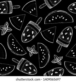 Watermelon popsicle. Popsicle ice cream. Seamless pattern. Hand drawn vector illustration. Seamless pattern. Summer food background. 