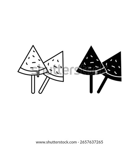 watermelon popsicle icon, juicy slice summer treat, minimal style illustration, fresh fruit dessert symbol, trendy cool snack, black white outline, cute cartoon vector, refreshing food sign