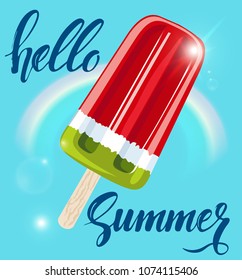 Watermelon popsicle illustration, ice cream. Hello summer vector illustration. Hello summer lettering.