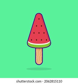 Watermelon Popsicle on Stick. Fruit Ice Cream on Green Background. Sweet Frozen Cute Ice Cream on Stick in Cartoon Style. Isolated Vector Illustration.