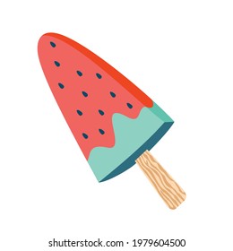 Watermelon popsicle on a wooden stick. Vector, isolated, white background.