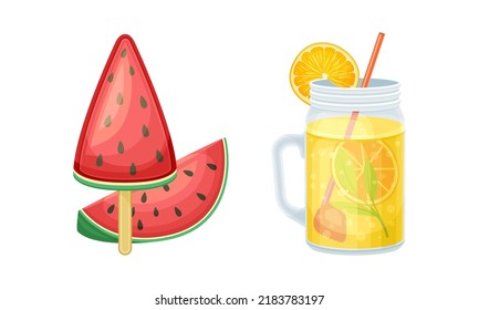 Watermelon popsicle and orange smoothie. Hawaiian symbols cartoon vector illustration
