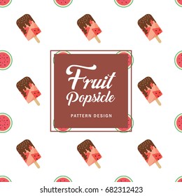 Watermelon popsicle pattern design for print, wallpaper, wrapping paper, packaging or fabric. Healthy fruit popsicle with chocolate cream, jimmies sprinkles topping isolated on white background.