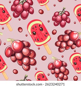 Watermelon Popsicle and Red Grapes Seamless Pattern. Kawaii Fruit Pattern with Watermelon Ice Cream and Grapes