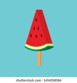 Watermelon with popsicle wooden sticks, Watermelon juicy slice ice cream, Flat illustration vector icon for web design