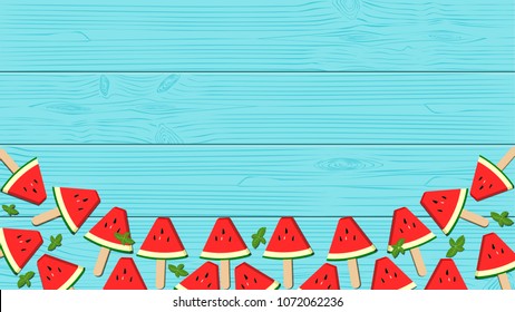 Watermelon popsicles on blue wooden board background. Flat style vector design.  Top view, frame and copy space for text.