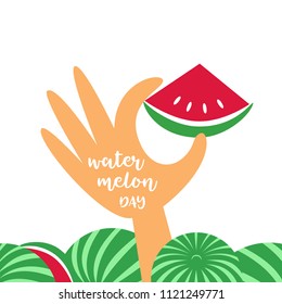 Watermelon poster concept. Colorful cute cartoon, retro style. Pop art. Fancy letters. Hand with slice of red watermelon. American National summer holiday. Banner, flyer template vector illustration
