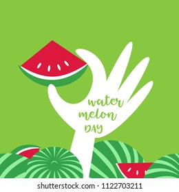 Watermelon poster concept. Colorful cute cartoon, retro style. Pop art. Fancy letters. Hand with slice of red watermelon. American National summer holiday. Banner, flyer template vector illustration