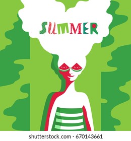 Watermelon poster concept. Hand drawn cartoon retro style. Pop art. Fancy letters headline. Beautiful young woman with red watermelon sunglasses. Summer holiday. Banner template vector illustration