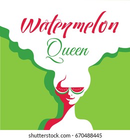 Watermelon poster concept. Hand drawn cartoon retro style. Pop art. Fancy letters watermelon queen. Beautiful young woman with sunglasses. Summer holiday. Banner signboard template vector illustration