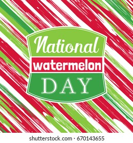 Watermelon poster concept. Skin pattern swatch with irregular stripes of summer fruit. Fancy letters headline on shield. 3 august american food holiday. Banner, card, signboard vector illustration