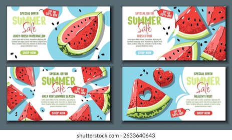 Watermelon Promo Banners Collection, Flat Style Horizontal Layouts with Fruit Slices. Ready for Seasonal Sales, Juice Bar Ads, Supermarket Signage. Includes Whole and Cut Watermelon Designs
