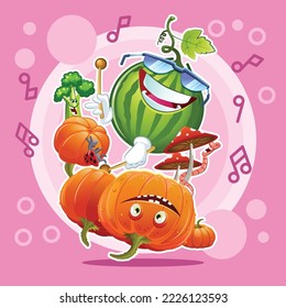 Watermelon. Pumpkin. Funny Watermelon plays the pumpkin like drums. Resource for icons, symbols, logos, stickers, banners. Cartoon character.