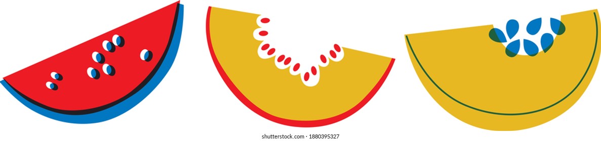 Watermelon, pumpkin, melon cartoon abstract vector illustration. Exotic slices fruits horizontal banner. Fruits for your design.