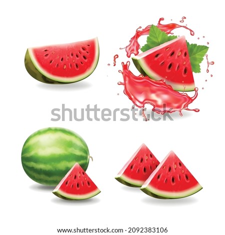 Watermelon realistic set, 3d ripe slice in watermelon juice splash vector.