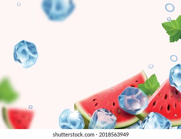 Watermelon realistic slices in ice cubes background vector