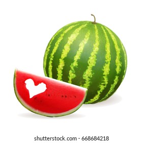 Watermelon realistic vector illustration. Slice of watermelon with heart