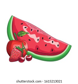 watermelon with red apple, cherries and strawberry over white background, vector illustration