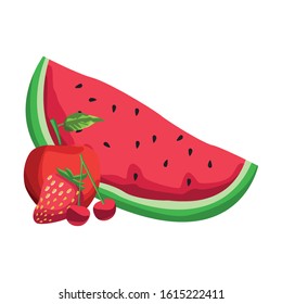 watermelon with red apple, cherries and strawberry over white background, vector illustration