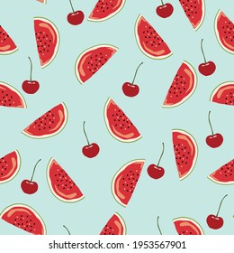Wassermelone und rote Kirsche Vektorgrafik nahtlos Muster mit blauem Hintergrund. Gut als Stoffdruck, Stoff, Tapete, Verpackung oder Geschenkverpackung. Oberflächenmuster-Design.