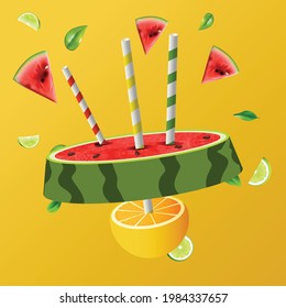 Watermelon with red flesh is halved isolate on a yellow background. Fresh watermelon fruit. Lemon slices. Fresh citrus, half-sliced lemons, and chopped lemon. Vector Leaf. colorful vector Straw.