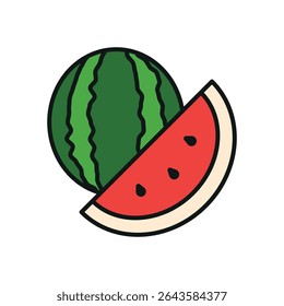 Melancia em vermelho, verde e tons apresenta um ícone de fruta vibrante e com água na boca.