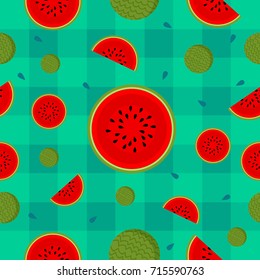 Watermelon red seamless pattern. Half full leaf with seeds on blue stripes.