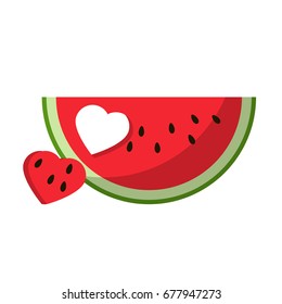 Watermelon red slice summer love heart isolated icon design positive funny flat vector illustration on white background