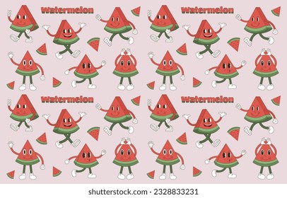 Watermelon retro cartoon seamless pattern. Summer watermelon comic character. Fun little mascots.Groovy funky trendy vector illustration and background