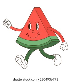 Watermelon retro funk cartoon characters. Groovy Watermelon that runs. Comic watermelon mascot with a happy smile on his face, arms and legs. Groovy summer vector illustration.