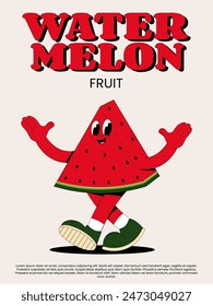 Watermelon retro poster. Comic mascot of walking watermelon with happy smile face, hands and feet. Vector illustration