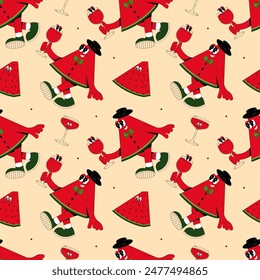 Watermelon retro seamless pattern. Comic mascot of watermelon with happy smile face. Vector illustration