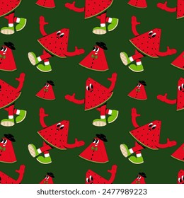 Watermelon retro seamless pattern. Comic mascot of watermelon with happy smile face. Vector illustration