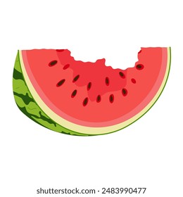 Watermelon rind. Bitten watermelon slice with green rind, red flesh and black seeds. Hand drawn Trendy flat style isolated. Organic waste. Summer fruit for menu logos postcard. Vector illustration