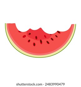 Watermelon rind. Bitten watermelon slice with green rind, red flesh and black seeds. Hand drawn Trendy flat style isolated. Organic waste. Summer fruit for menu logos postcard. Vector illustration