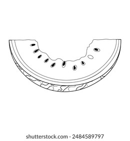 Watermelon rind line art. Bitten watermelon slice with rind and flesh with black seeds. Hand drawn Trendy doodle style black and white coloring page. Organic waste. Vector illustration