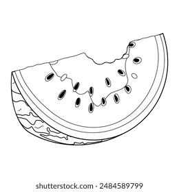 Watermelon rind line art. Bitten watermelon slice with rind and flesh with black seeds. Hand drawn Trendy doodle style black and white coloring page. Organic waste. Vector illustration