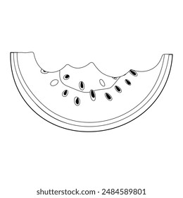 Watermelon rind line art. Bitten watermelon slice with rind and flesh with black seeds. Hand drawn Trendy doodle style black and white coloring page. Organic waste. Vector illustration