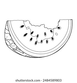 Watermelon rind line art. Bitten watermelon slice with rind and flesh with black seeds. Hand drawn Trendy doodle style black and white coloring page. Organic waste. Vector illustration