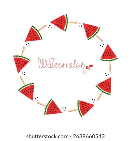 Watermelon round frame, summer. Banner, poster with hand lettering. Food slices. Sliced juicy fruits, berries. Cold dessert. Diet food, isolated background. Harvest, drops of juice. 