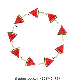 Watermelon round frame, summer. Banner, poster. Food slices. Sliced juicy fruits, berries. Cold dessert. Diet food, isolated background. Harvest, drops of juice. 