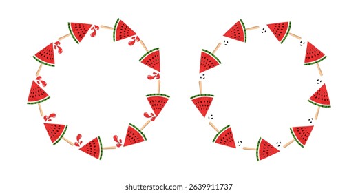 Watermelon round frame, summer. Set of banners, posters with space for text. Food slices. Sliced juicy fruits, berries. Cold dessert. Diet food, isolated background. Harvest, drops of juice. 