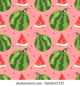 Watermelon. Round large fresh watermelon. Seamless pattern with watermelon. For textile, wrapping paper, postcards or covers.