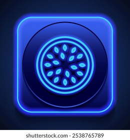 Watermelon round slice simple icon vector. Flat design. Blue neon style on button. With shadow.ai