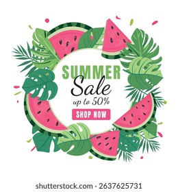 Watermelon Sale Banner with Tropical Leaves on White Background – Vector Summer Promotion Template for Seasonal Business, Fruit Festival, or Watermelon Day Celebration