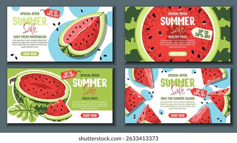 Watermelon Sale Banners Set, Flat Design Horizontal Templates with Whole Fruit and Slices. Summer Discount Backgrounds for Food Promotion, Grocery Ad, Social Media Campaign. For Market, Online Stores