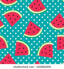 Watermelon seamless background with a beautiful turquoise background with polka dots. Fresh template.