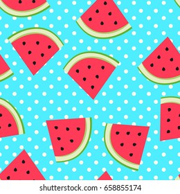 Watermelon seamless background with a beautiful turquoise background with polka dots. Fresh template.