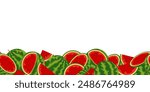 watermelon seamless border, a lot of ripe juicy watermelons lies at the bottom in a horizontal strip. vector illustration, banner with whole sweet fruits and pieces in cartoon style