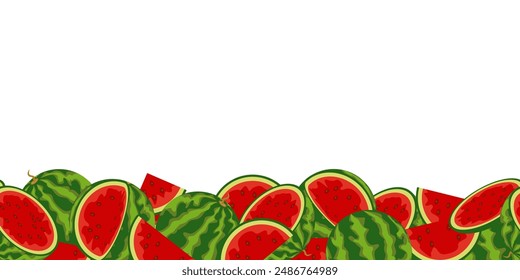 Wassermelonen nahtloser Rand, viele reife saftige Wassermelonen liegen am Boden in einem Horizontalen Streifen, Vektorillustration, Banner mit ganzen süßen Früchten und Stücken im Cartoon-Stil